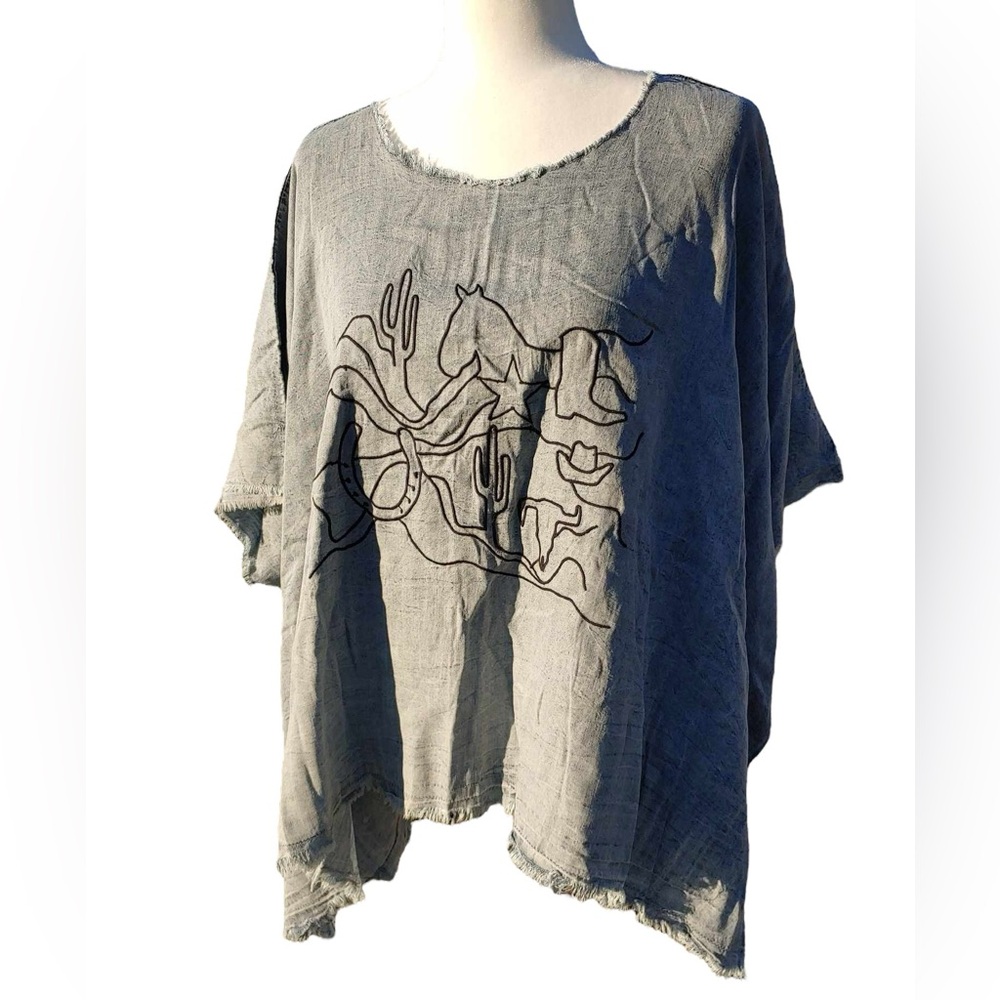 TWO FLY Western Poncho Light Denim Chambray Small/Medium Flowy Raw Hem